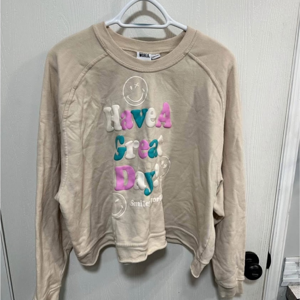 Beige Graphic Sweatshirt with Colorful Text